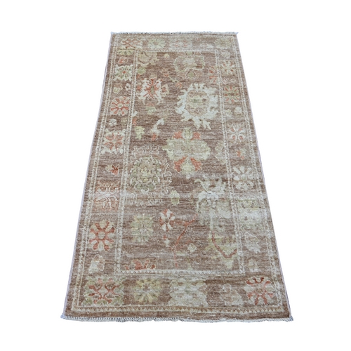 Cedar Brown, Hand Knotted, Afghan Angora Oushak with All Over Leaf Design, 100% Wool, Vegetable Dyes, Runner, Oriental 