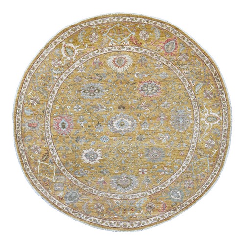 Golden Brown, Peshawar with Ziegler Mahal Design, High Mountain Wool, Denser Weave, Hand Knotted, Round, Oriental 