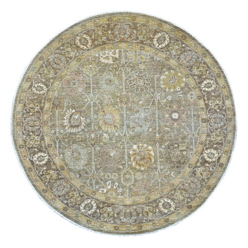 Stone Gray, Peshawar with Ziegler Mahal Design, Hand Knotted, High Mountain Wool, Denser Weave, Round, Oriental 