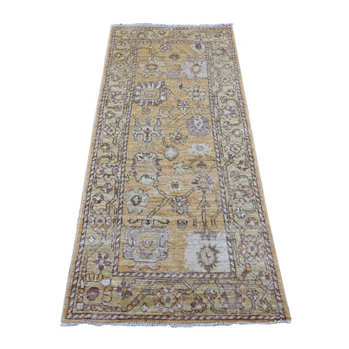 Golden Brown, Afghan Angora Oushak with All Over Leaf Design, 100% Wool, Hand Knotted, Natural Dyes, Runner, Oriental 