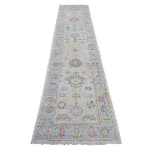 Silver Gray, 100% Wool, Vegetable Dyes, Hand Knotted, Afghan Angora Oushak with Colorful Leaf Design, Runner, Oriental 