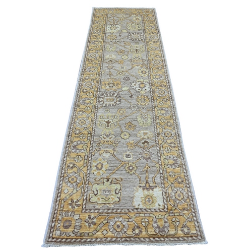Fossil Gray, Hand Knotted, Natural Dyes, 100% Wool, Afghan Angora Oushak with All Over Leaf Design, Runner, Oriental 