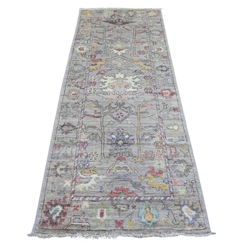 Stone Gray, Afghan Angora Oushak with All Over Colorful Design, 100% Wool, Hand Knotted, Vegetable Dyes, Runner, Oriental 