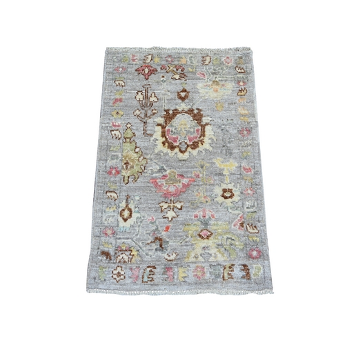 Cloud Gray, 100% Wool, Vegetable Dyes, Afghan Angora Oushak with Colorful Leaf Design, Hand Knotted, Mat, Sample, Oriental 