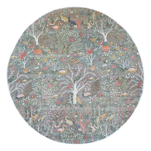 Sage Green, Afghan Peshawar with Colorful Birds of Paradise Design, Hand Knotted, Soft Wool, Natural Dyes, Round, Oriental 
