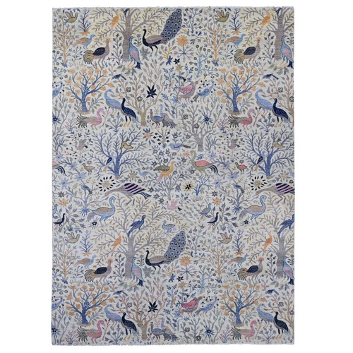 Light Green, Afghan Peshawar with Colorful Birds of Paradise Design, Hand Knotted, Soft and Shiny Wool, Vegetable Dyes, Oriental 