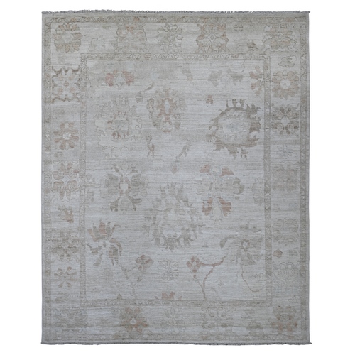 Silver Gray, Afghan Angora Oushak with Large Leaf Design, Natural Dyes, Hand Knotted, 100% Wool, Oriental 
