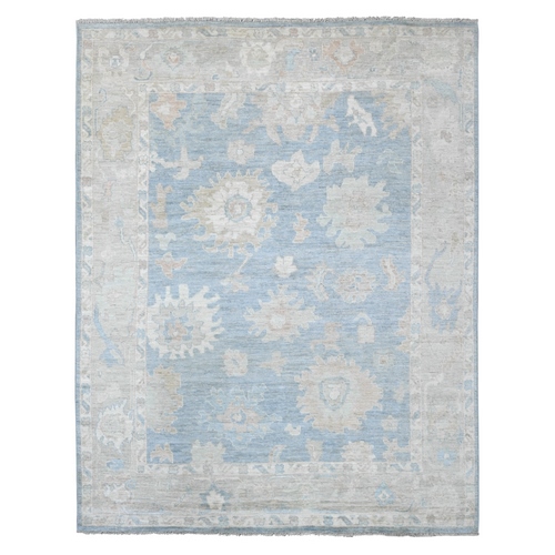 Cerulean Blue, Afghan Angora Oushak with Large Leaf Design, 100% Wool, Vegetable Dyes, Hand Knotted, Oriental 