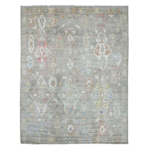 Fossil Gray, Natural Dyes, Afghan Angora Oushak with Geometric Leaf Design, Hand Knotted, 100% Wool, Oriental 
