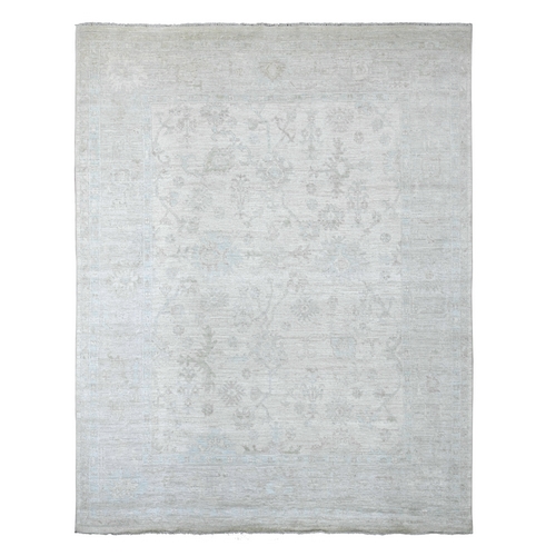 Alabaster White, Vegetable Dyes, 100% Wool, Afghan Angora Oushak with All Over Leaf Design, Hand Knotted, Oriental 