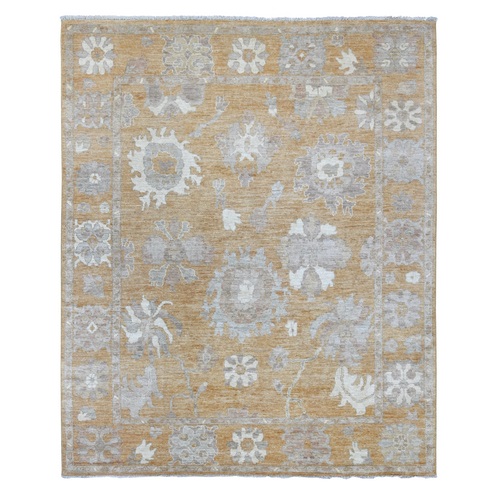 Golden Brown, Afghan Angora Oushak with Large Leaf Design, Natural Dyes, Hand Knotted, 100% Wool, Oriental 