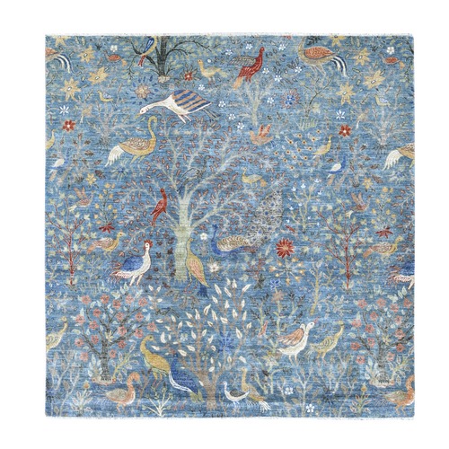 Bayern Blue, Afghan Peshawar with Birds of Paradise Design, Vegetable Dyes, Hand Knotted, Soft and Shiny Wool, Square, Oriental 