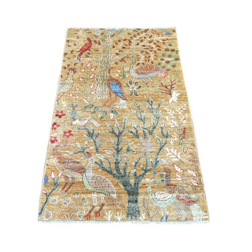 Golden Brown, Hand Knotted, Afghan Peshawar with Birds of Paradise Design, Soft and Velvety Wool, Vegetable Dyes, Oriental 