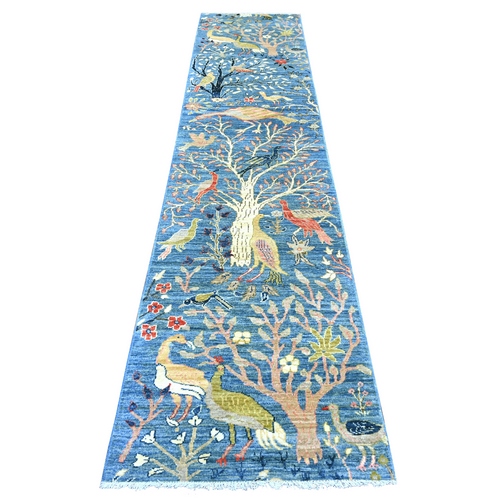 Bayern Blue, Afghan Peshawar with Colorful Birds of Paradise Design, Vegetable Dyes, Hand Knotted, Soft and Shiny Wool, Runner, Oriental 