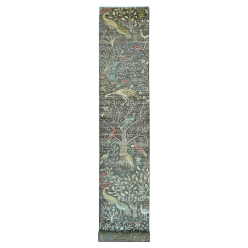 Coffee Brown, Afghan Peshawar with Birds of Paradise Design, Hand Knotted, Soft and Velvety Wool, Vegetable Dyes, XL Runner, Oriental 