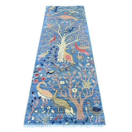Bayern Blue, Soft and Shiny Wool, Afghan Peshawar with Birds of Paradise Design, Vegetable Dyes, Hand Knotted, Runner, Oriental 