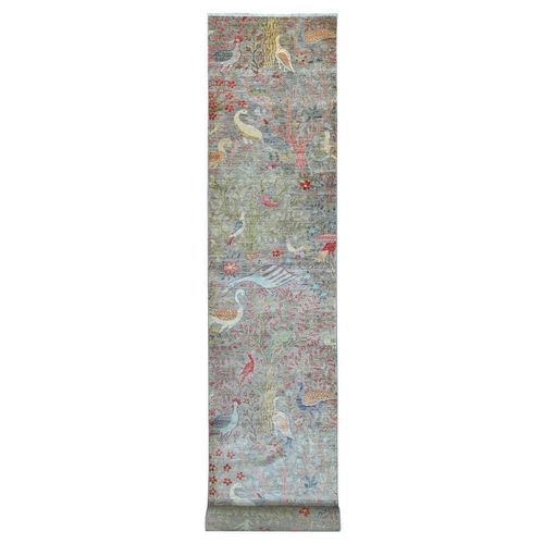 Spanish Gray, Afghan Peshawar with Birds of Paradise Design, Hand Knotted, Soft and Velvety Wool, Vegetable Dyes, XL Runner, Oriental 