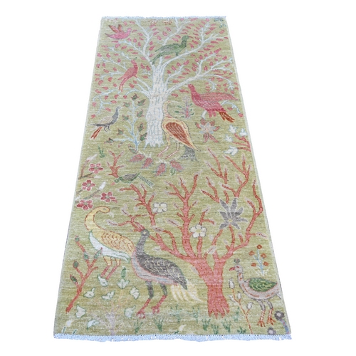 Olive Green, Hand Knotted, Afghan Peshawar with Colorful Birds of Paradise Design, Soft Wool, Vegetable Dyes, Runner, Oriental Rug