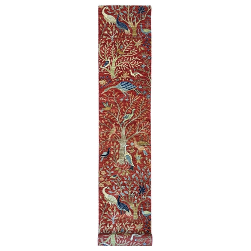 Crimson Red, Afghan Peshawar with Birds of Paradise Design, Hand Knotted, Soft and Shiny Wool, Vegetable Dyes, XL Runner, Oriental 