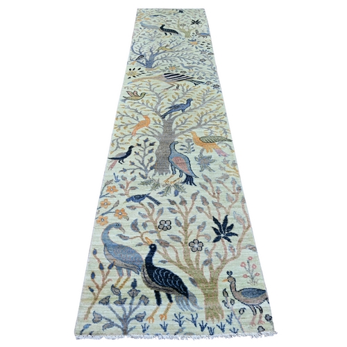 Pistachio Green, Afghan Peshawar with Birds of Paradise Design, Hand Knotted, Soft Wool, Natural Dyes, Runner, Oriental 