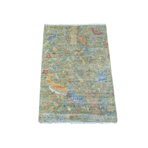 Pickle Green, Afghan Peshawar with Colorful Birds of Paradise Design, Hand Knotted, Soft Wool, Natural Dyes, Mat, Sample, Oriental Rug