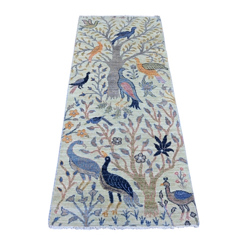 Pistachio Green, Afghan Peshawar with Birds of Paradise Design, Hand Knotted, Soft and Shiny Wool, Natural Dyes, Runner, Oriental Rug