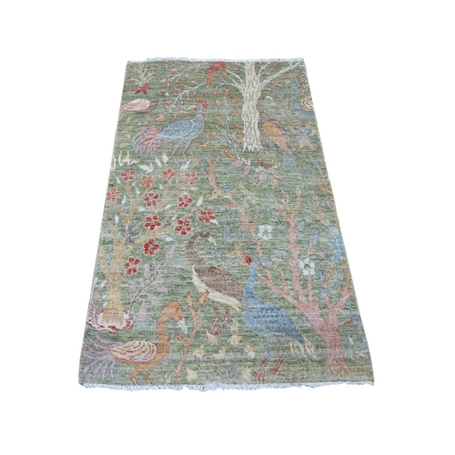 Sage Green, Afghan Peshawar with Colorful Birds of Paradise Design, Hand Knotted, Soft Wool, Natural Dyes, Oriental 