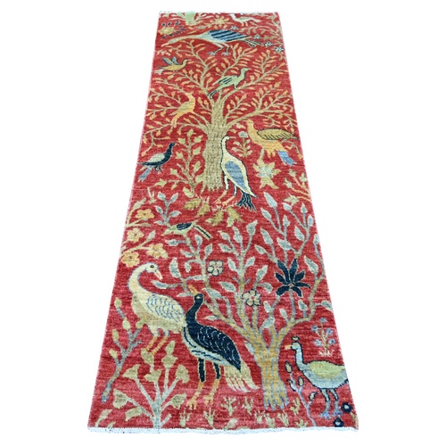 Crimson Red, Hand Knotted, Afghan Peshawar with Birds of Paradise Design, Soft and Shiny Wool, Vegetable Dyes, Runner, Oriental 