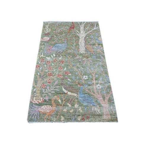 Sage Green, Afghan Peshawar with Colorful Birds of Paradise Design, Hand Knotted, Soft Wool, Vegetable Dyes, Oriental 