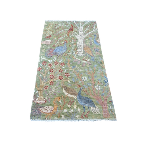 Sage Green, Afghan Peshawar with Colorful Birds of Paradise Design, Hand Knotted, Soft Wool, Vegetable Dyes, Oriental 