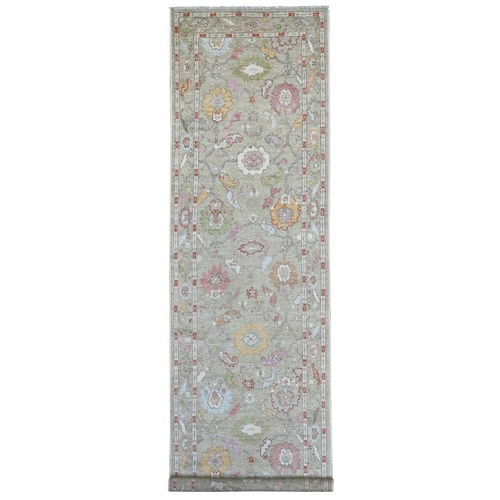 Light Green, Vegetable Dyes, Afghan Angora Oushak with All Over Leaf Design, Hand Knotted, 100% Wool, Wide Runner, Oriental 