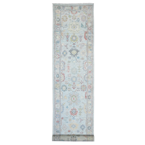Light Blue, Afghan Angora Oushak with All Over Leaf Design, Vegetable Dyes, Hand Knotted, 100% Wool, XL Runner, Oriental 