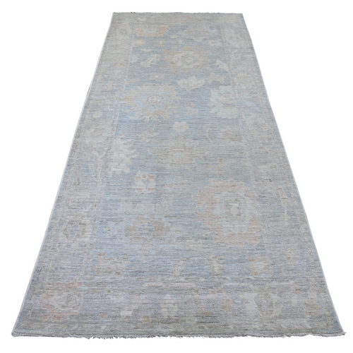 Beau Blue, 100% Wool, Afghan Angora Oushak with Large Leaf Design, Natural Dyes, Hand Knotted, Wide Runner, Oriental 