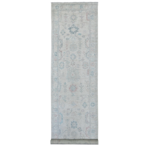 Cloud Gray, Afghan Angora Oushak with All Over Leaf Design, Natural Dyes, Hand Knotted, 100% Wool, Wide and Long Runner, Oriental 