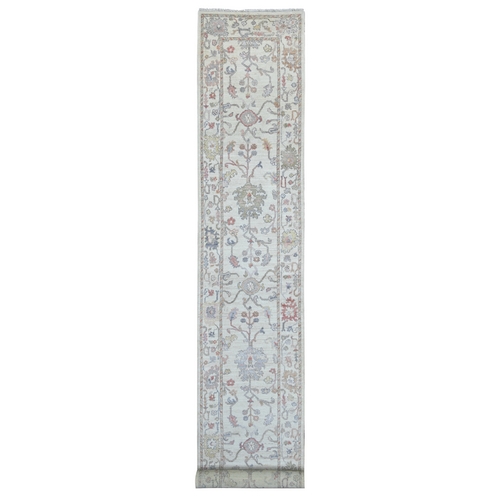 Pearl White, Afghan Angora Oushak with All Over Leaf Design, Vegetable Dyes, Hand Knotted, 100% Wool, XL Runner, Oriental 