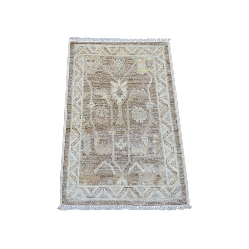 Peanut Brown, Natural Dyes, 100% Wool, Afghan Angora Oushak with All Over Leaf Design, Hand Knotted, Mat, Oriental 