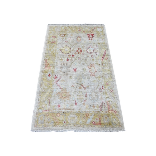 Light Gray, 100% Wool, Vegetable Dyes, Afghan Angora Oushak with All Over Leaf Design, Hand Knotted, Oriental 