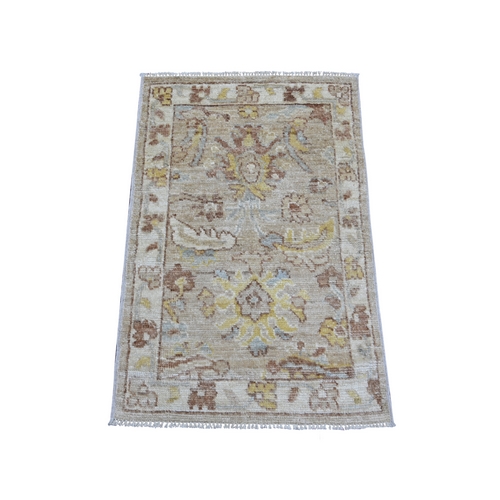 Light Brown, Afghan Angora Oushak with Colorful Leaf Design, Hand Knotted, 100% Wool, Mat, Sample, Oriental 