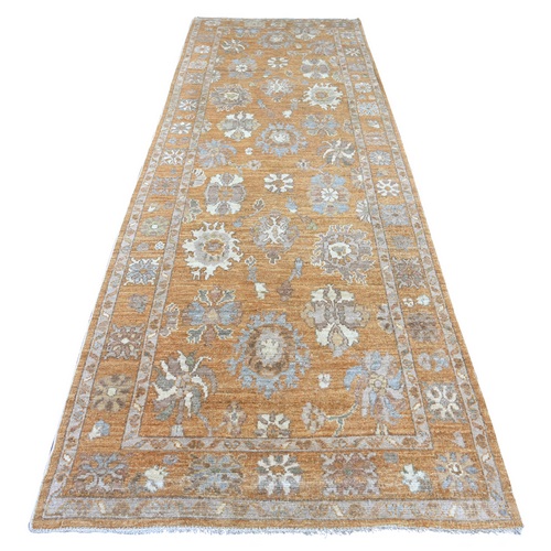 Golden Brown, Afghan Angora Oushak with All Over Leaf Design, 100% Wool, Natural Dyes, Hand Knotted, Wide Runner, Oriental 