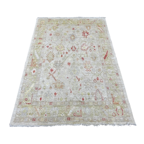 Light Gray, Afghan Angora Oushak with All Over Leaf Design, Hand Knotted, Vegetable Dyes, 100% Wool, Oriental 