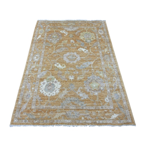 Golden Brown, Natural Dyes, 100% Wool, Afghan Angora Oushak with All Over Leaf Design, Hand Knotted, Oriental 
