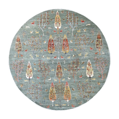 Sage Green, Peshawar with Cypress Tree Design, Hand Knotted, High Mountain Wool, Denser Weave, Round, Oriental 