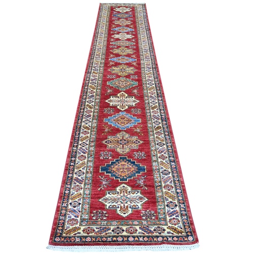 Brick Red, Afghan Super Kazak with Tribal Medallions Design, Hand Knotted, Vegetable Dyes, Pure Wool, Runner, Oriental 