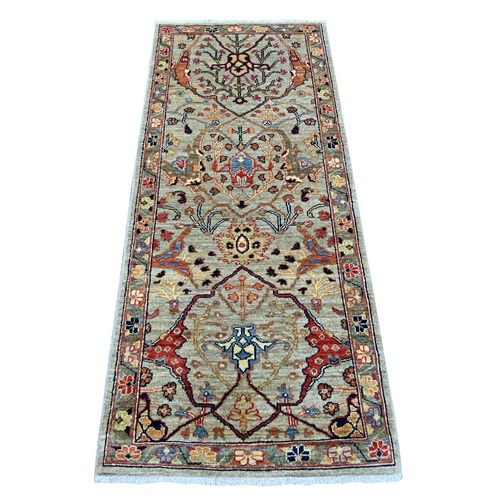 Greenish Gray, Peshawar with Bijar Garus Design, Hand Knotted, High Mountain Wool, Aryana Grade, Soft Pile, Vegetable Dyes, Densely Woven, Runner, Oriental 