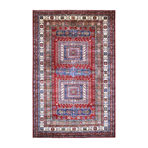 Brick Red, Pure Wool, Vegetable Dyes, Afghan Super Kazak with Geometric Medallions Design, Hand Knotted, Oriental 