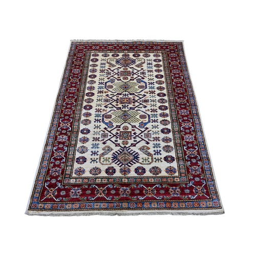 Ivory, Afghan Super Kazak with Geometric Motifs, Hand Knotted, Vegetable Dyes, Pure Wool, Oriental 