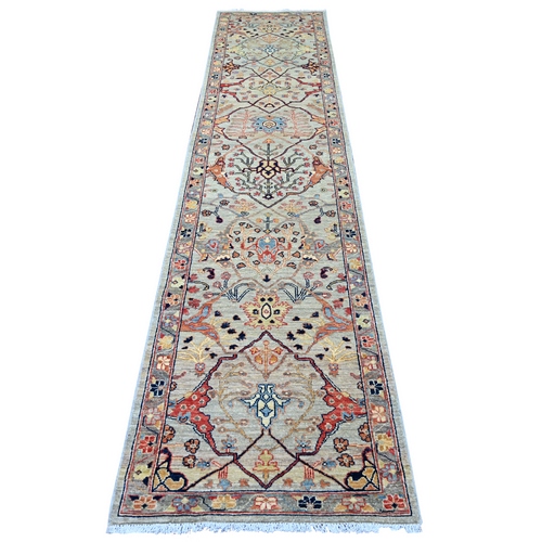 Pastel Gray, Hand Knotted, Peshawar with Bijar Garus Design, High Mountain Wool, Aryana Grade, Soft Pile, Vegetable Dyes, Densely Woven, Runner, Oriental 
