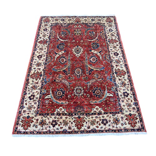 Scarlet Red, Aryana Grade, Sickle Leaf Design, Vegetable Dyes, Pure Wool, Hand Knotted, Soft Pile, Densely Woven, Oriental 