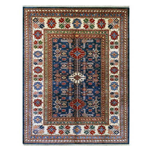 Navy Blue, Pure Wool, Afghan Super Kazak with Tribal Motifs, Hand Knotted, Vegetable Dyes, Oriental 