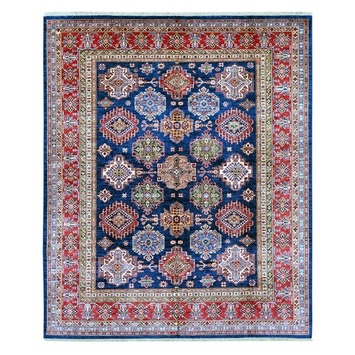 Navy Blue, Hand Knotted, Afghan Super Kazak with Tribal Medallions Design, Vegetable Dyes, Pure Wool, Oriental 